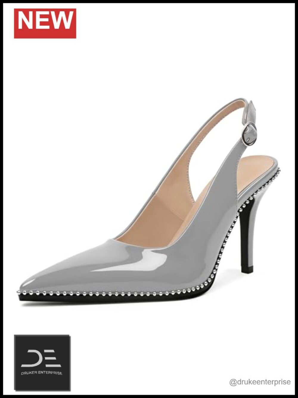 Women's Beaded Slingback Pumps High Heel Stilettos Pointed Toe Patent Leather
